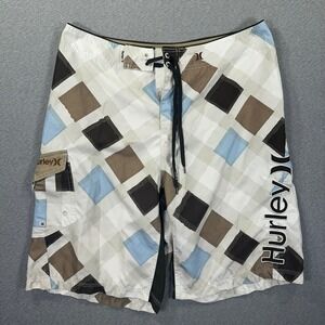 Y2K Hurley Board Shorts Mens 34 Brown Blue Plaid Check Swim Embroidered